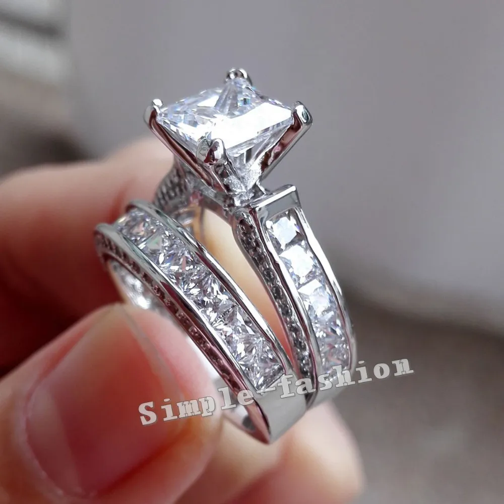 Choucong mulheres moda jóias princesa corte 2ct diamante branco ouro enchido noivado casamento banda conjunto de anel