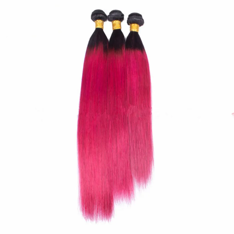 Paquetes de armadura de cabello humano rosa Ombre peruano virgen con frontal de encaje completo 13x4 Recto sedoso 1B / Rosa fuerte Ombre 3 paquetes con frontal