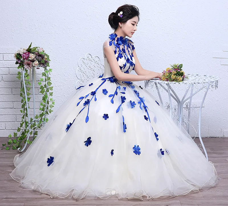 4 färg röd svart blå vintage hög nacke blommor bröllopsklänning 2018 ny koreansk stil prinsessa billig spetsboll vestidos de novia