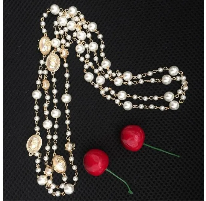 2016 mode femmes chaîne dorée élégante perle perlée Design long chandail chaîne colliers brins/cordes cadeau de noël
