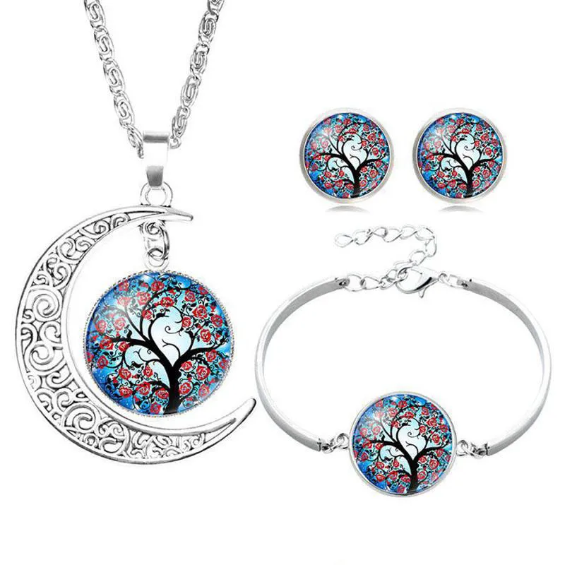 Hueco tallado luna elfo Peter Pan árbol de la vida tiempo gema collar de piedras preciosas pendiente pulsera colgante para mujer niña conjunto de joyas de ensueño