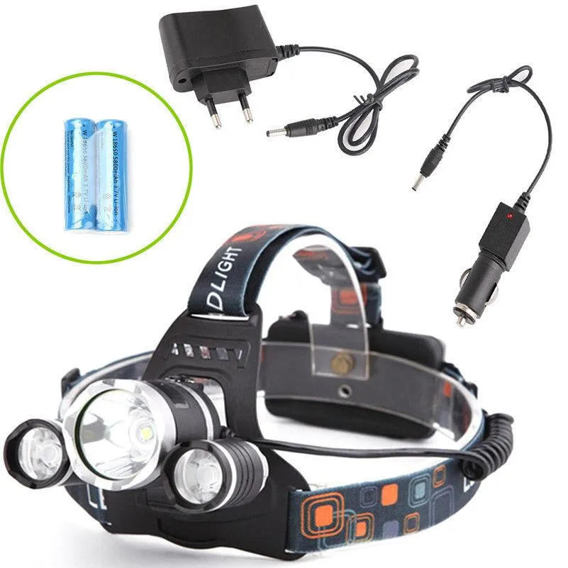 LED-strålkastare 6000 lumen 3 x XM-L T6 strålkastare Snöskyddad Hög Power LED Headlamp Head Torch Lampa ficklampa Head + Laddare + Billaddare