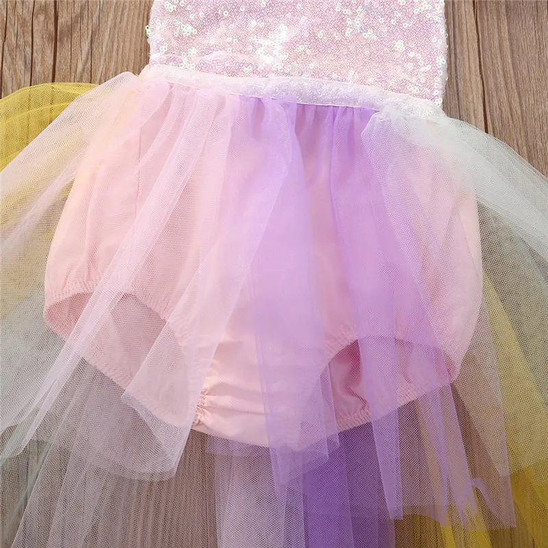 INS Unicorn Paillettes Baby Girl Princess Tutu Dress Arcobaleno Colore Pizzo Boutique pagliaccetto Toddler Abbigliamento festa nuziale Fiore ragazze Abiti