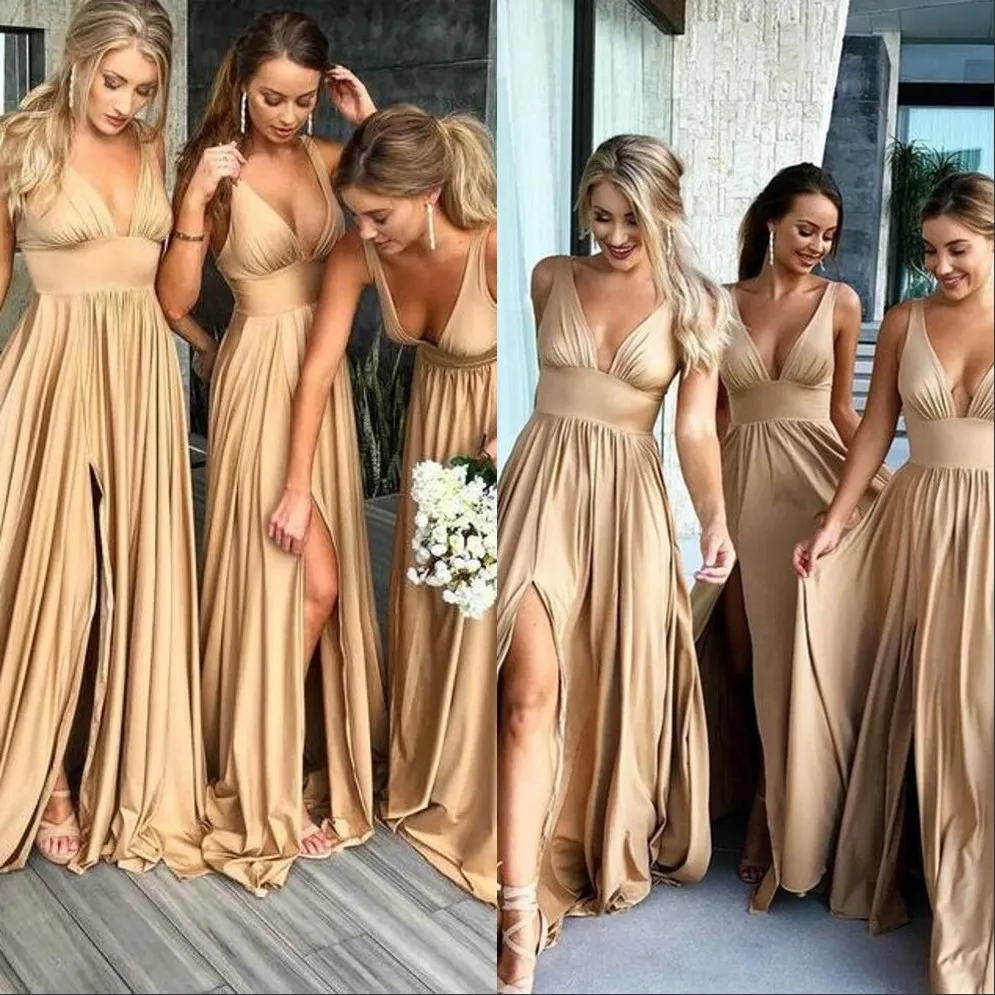 Günstiges goldenes Chiffon-Boho-Brautjungfernkleid 2019 Neckholder mit V-Ausschnitt, sexy Brautjungfern-Abendkleider, formelle Anlässe, Übergröße