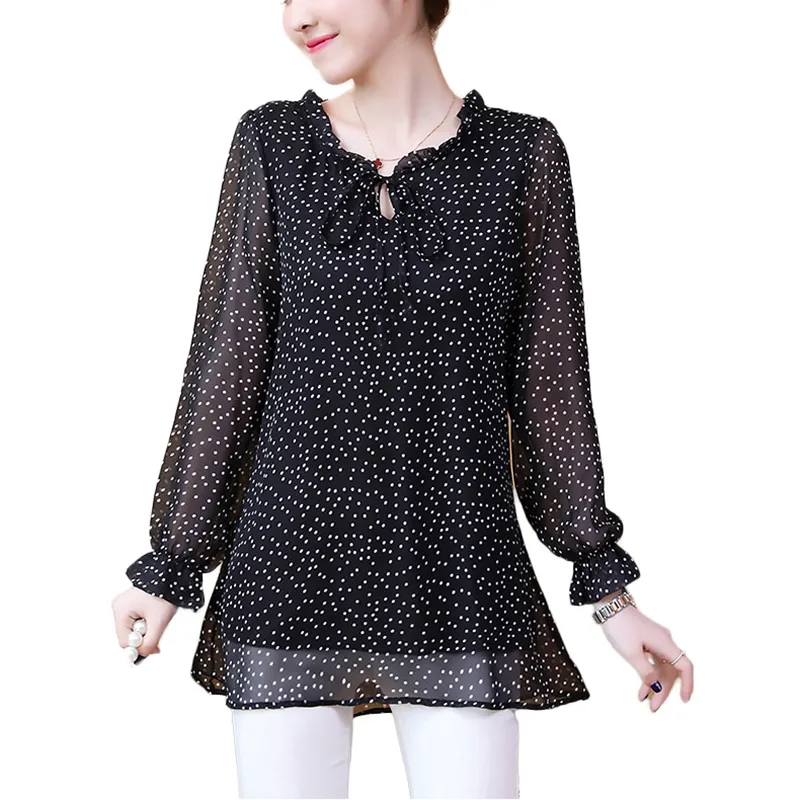 Plus size Polka Dot Shirts Autumn Women Fashion Ruffles Loose Chiffon Feminine Blouse Top Korean Black Office camisas mujer