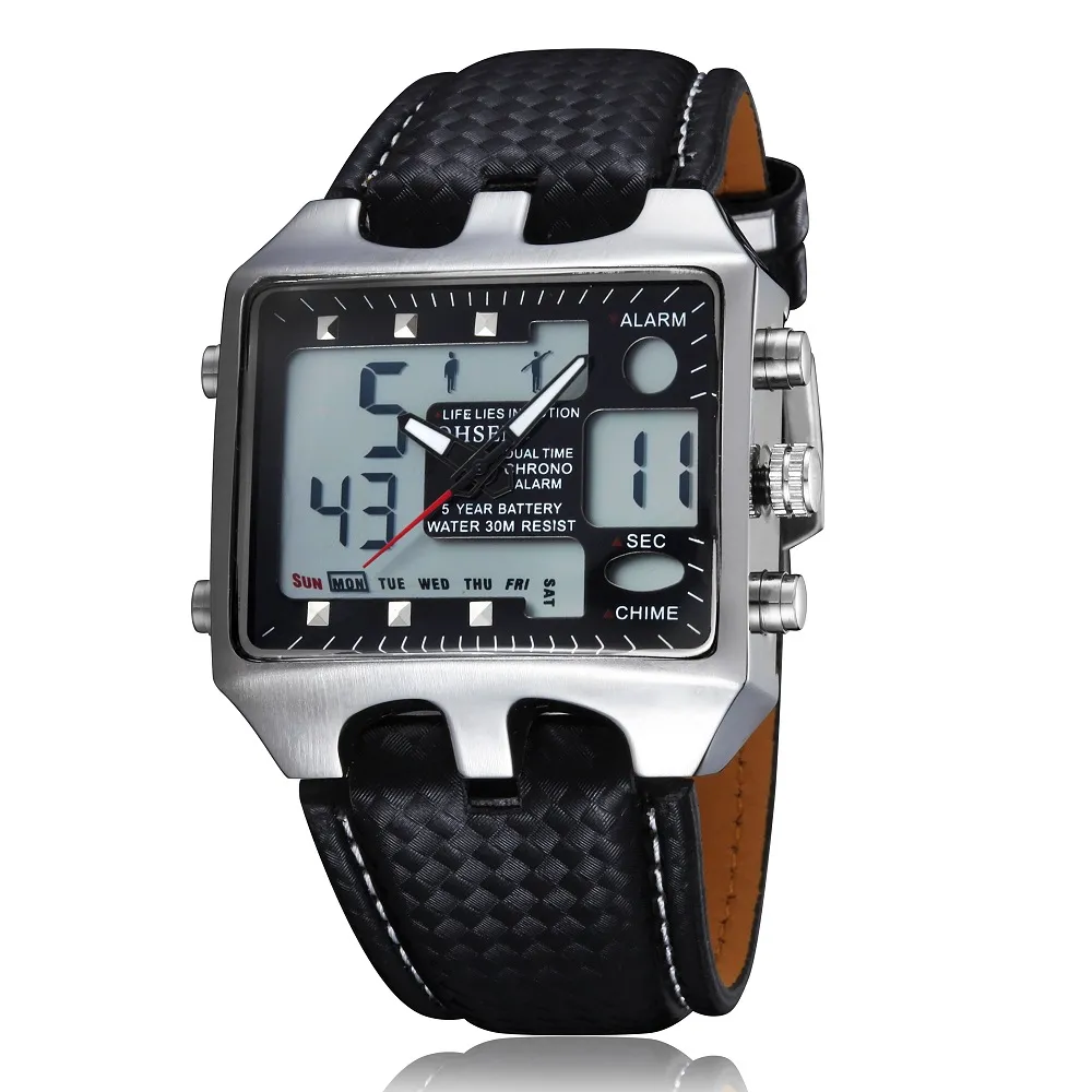 Dual Time Big Face Analog Digital ALM CHIME DAY DATE LED Sport Waterproof Electronic Racing Multi-Function Fashion Watch298Q
