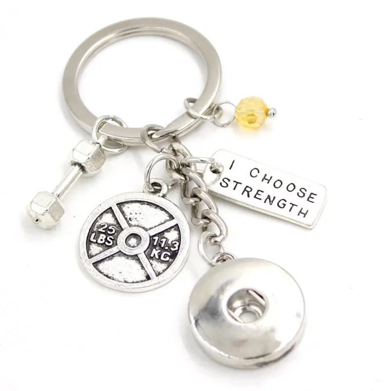 Nyankomst DIY Utbytbara 18 mm Snap Smycken Fitness Nyckelring Handväska Charm hantel Snap Keychain Nyckelring Smycken för män kvinnor