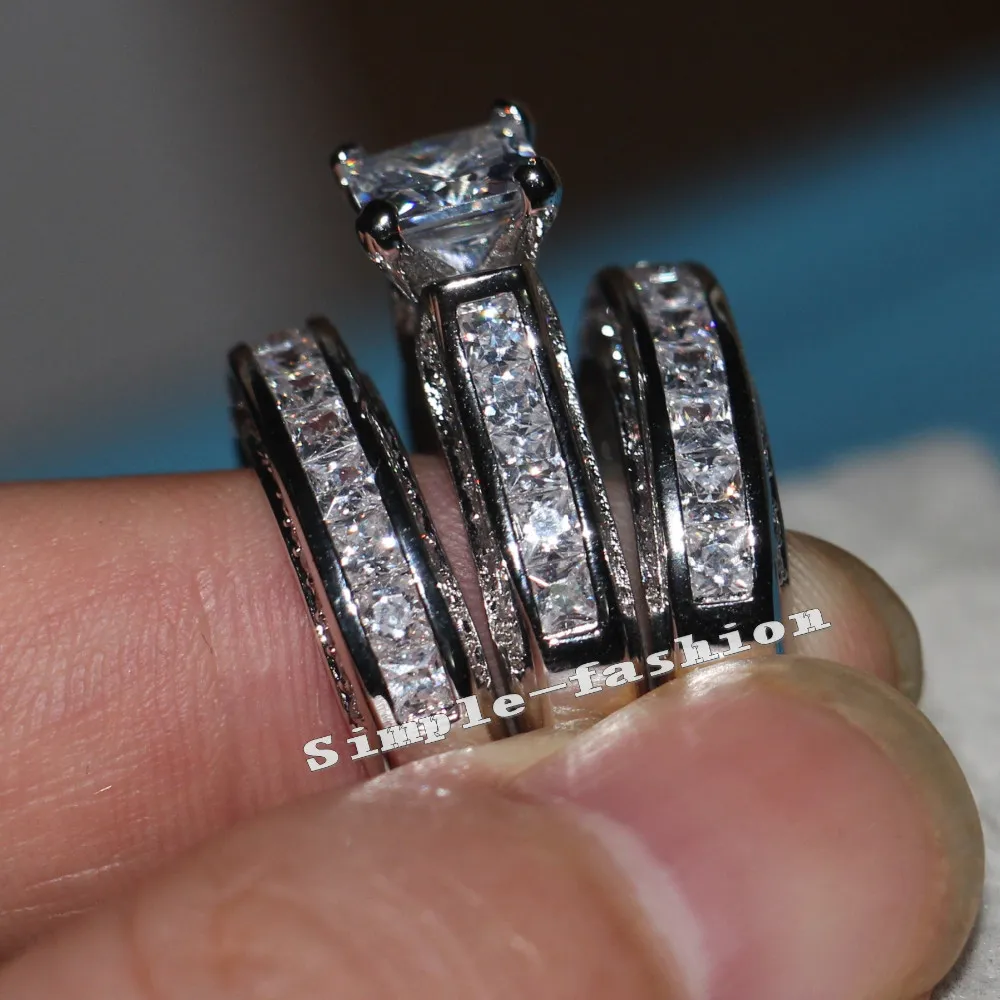 Mode-sieraden vrouwen volledige 20ct CZ geboortestenen ring 14kt wit goud gevuld 3-in-1 aangrijping bruiloft band ring set