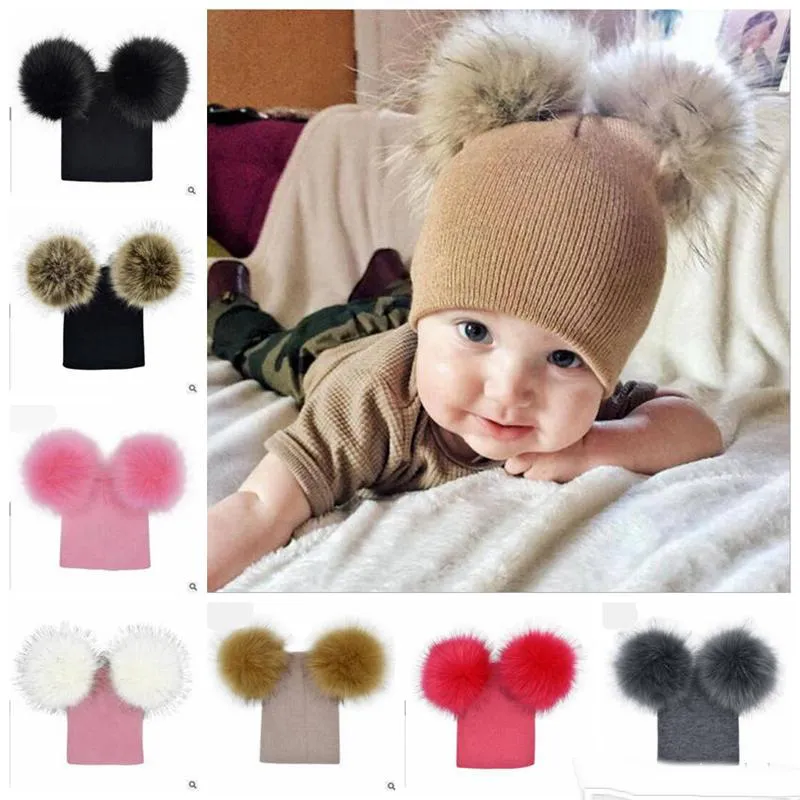 INS Baby Strickmützen Kinder Übergroße große 16 cm Doppelkugelmütze Kleinkinder Pom Pom Solid Beanie Winter Luxus Beanies Cap