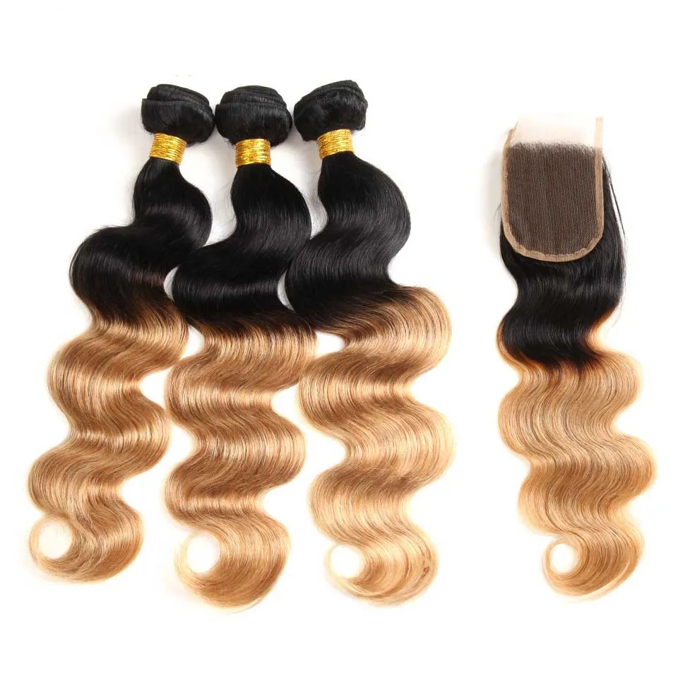 T1B 27 Ombre Bionde Bundles Con Pizzo Chiusura Onda Del Corpo Brasiliana Ombre Tessuto Dei Capelli 3 Fasci Con 4x4 Chiusura Del Merletto Colorato Estensione Dei Capelli