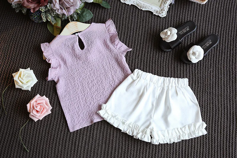 2018 new summer girls outfits short sleeve chiffon tshirt tops+white shorts children clothing set kids suit