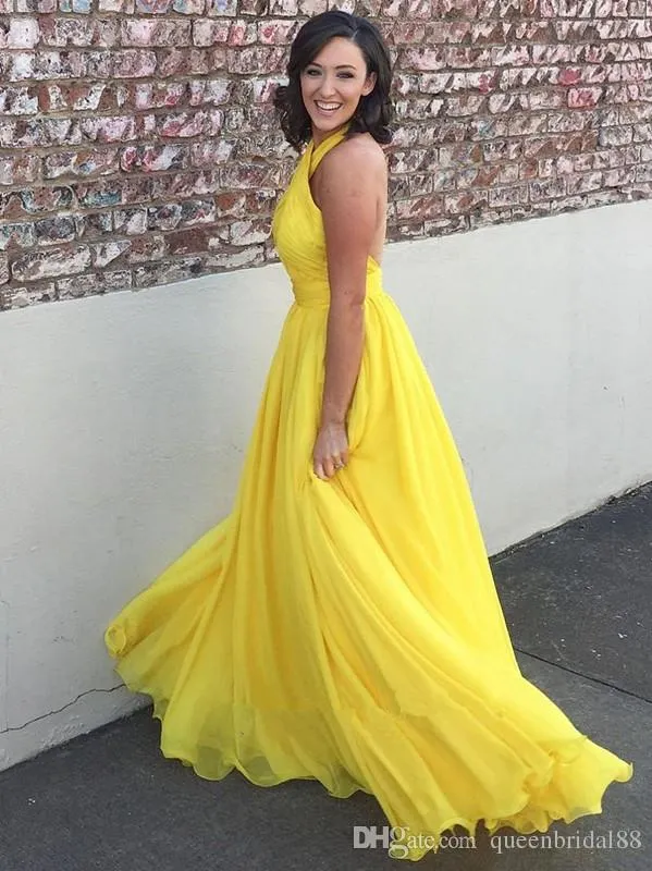 Bright Yellow Chiffon Lange Prom Dresses 2019 Halter Sleutelgat Open Brug Bruidsmeisjekleding Sexy Cocktail Party Jurken Avondjurken
