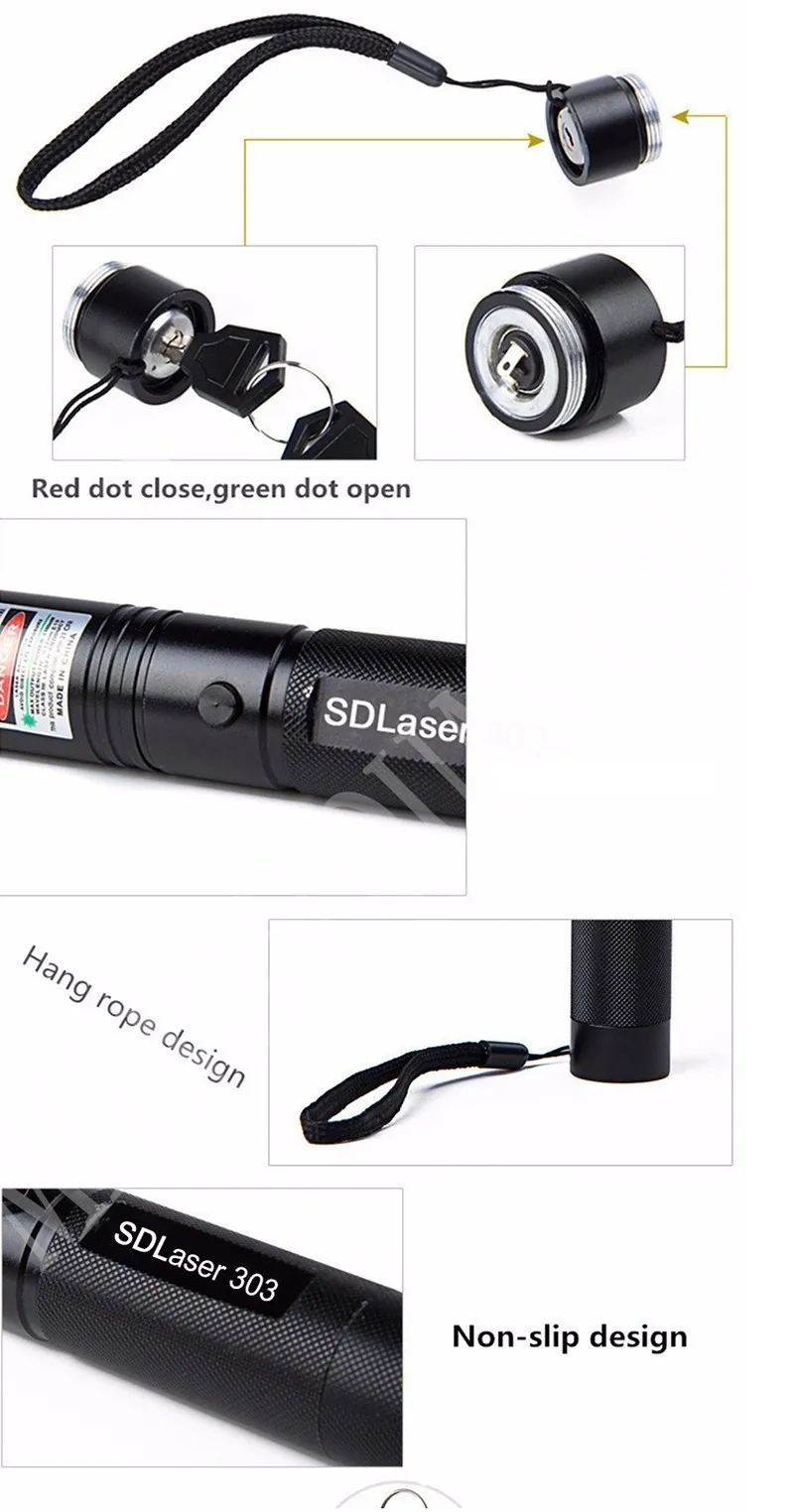 Gratis frakt Laser 303 Long Distance Green SD 303 Laser Pointer Kraftfull jaktlaserpenna Bore Sighter +18650 Batteri+laddare