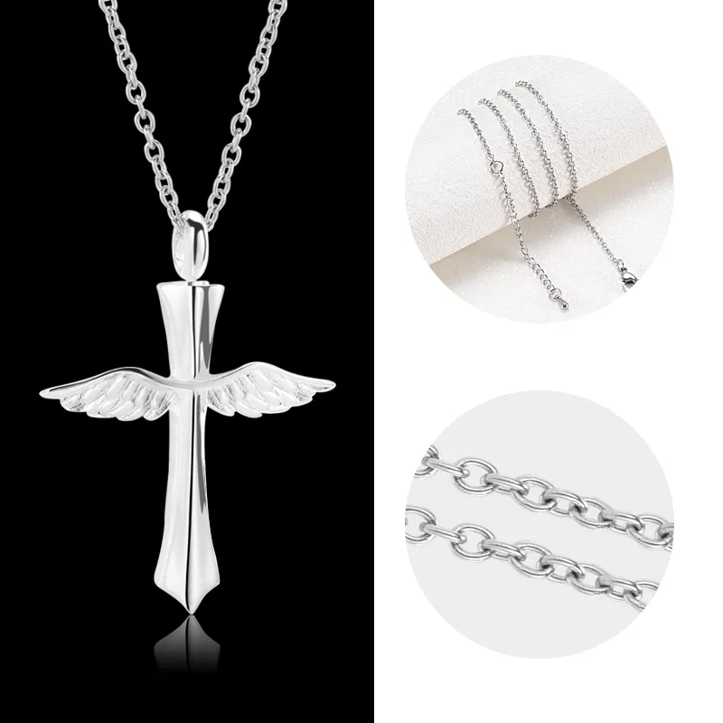 New angle wings cross cremation memorial ashes urn keepsake stainless steel pendant necklace jewelry for men or women