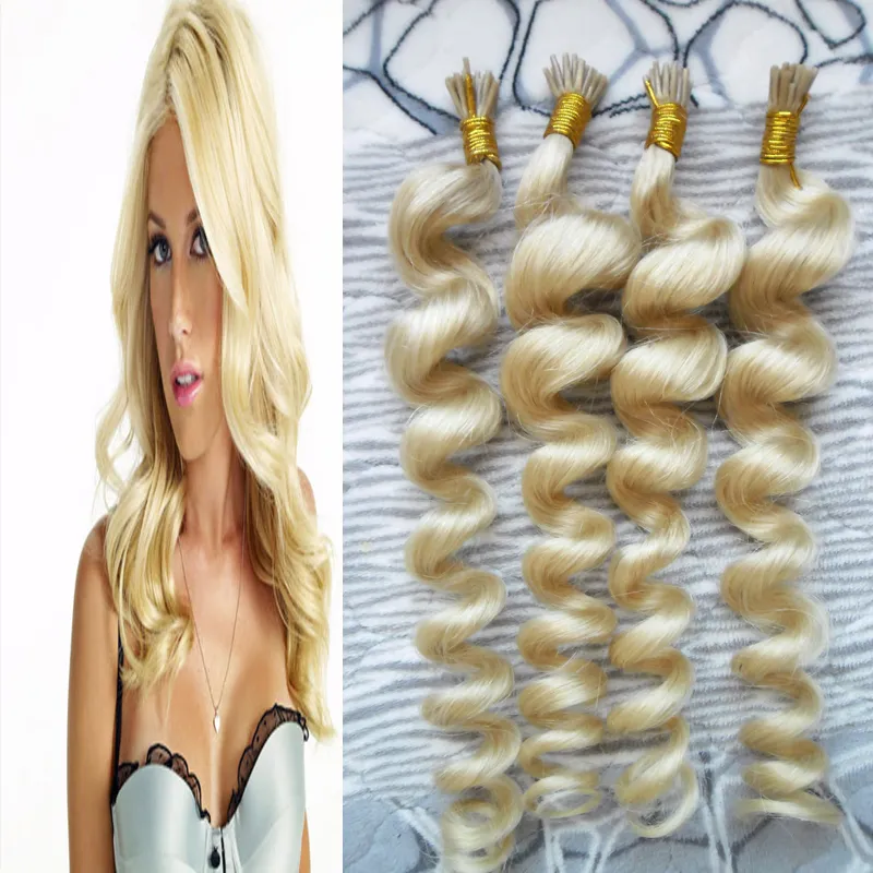 200PCs Jag tips hårförlängning Mänskligt blont peruanskt lös våghår 200g Pre Bonded Keratin Hair Extension på Keratin Capsule Buntles