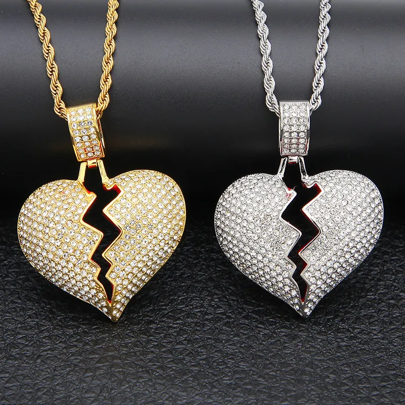Iced out Broken Love Heart Pendant Necklaces Men's Bling Crystal rhinestone Love charm Gold Silver Twisted chain For women Hip hop Jewelry