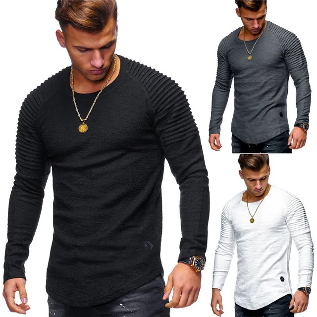 2018 새로운 패션 남자의 라운드 넥 슬림 솔리드 컬러 긴팔 티셔츠 스트라이프 폴드 라글란 슬리브 스타일 T 셔츠 남성 티셔츠