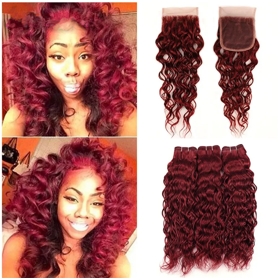 Cheap Peruvian Burgundy Hair Bundles with Full Lace Closure Wine Red 99J Water Wave Virgin Human Hair Weaves Wet Wavy With Closure