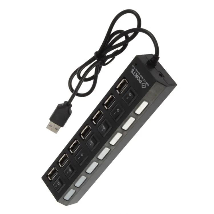 USB 2.0 HUB Power Strip 7 Ports Socket LED Light UP Concentrator with Switch AC Adapter for Mouse keyboard Charger PC Desktop Laptop Tablet