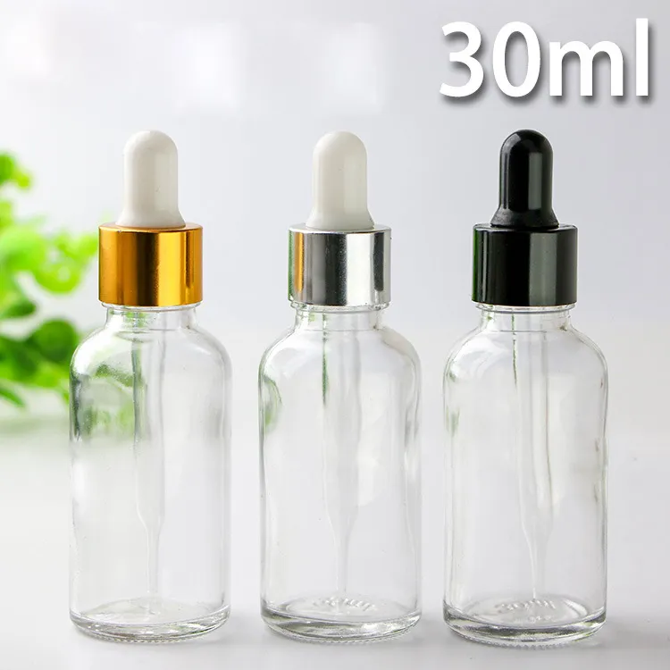 30-ml-Klarglasflaschen, Tropfflaschen für ätherische Öle mit Glas-Augentropfer und Gold-Silber-Schwarz-Verschluss. 30-ml-Glasverpackungsflaschen