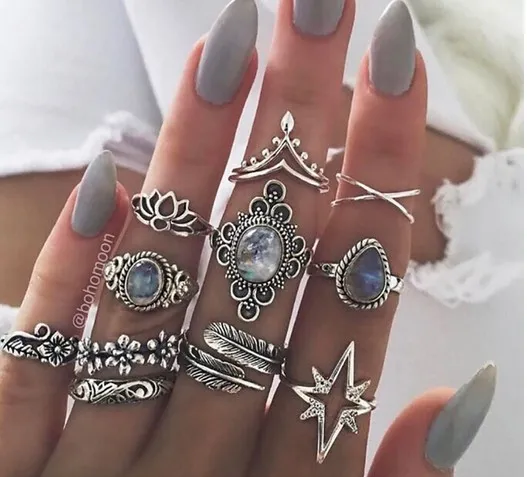 Vintage Knuckle Ring Sets Womens National Style Antique Silver Feather Geometric Fake Gemstone Crystal Teardrop Fingernail Ring Sets