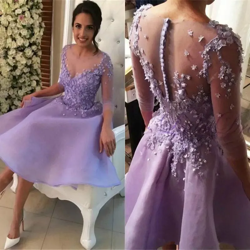 Lilac Sheer Floral Arabic Chiffon Homecoming Klänningar 3/4 Långärmad Saudisk knä Längd Kort Prom Klänning Cocktail Cocktail Party Club Wear