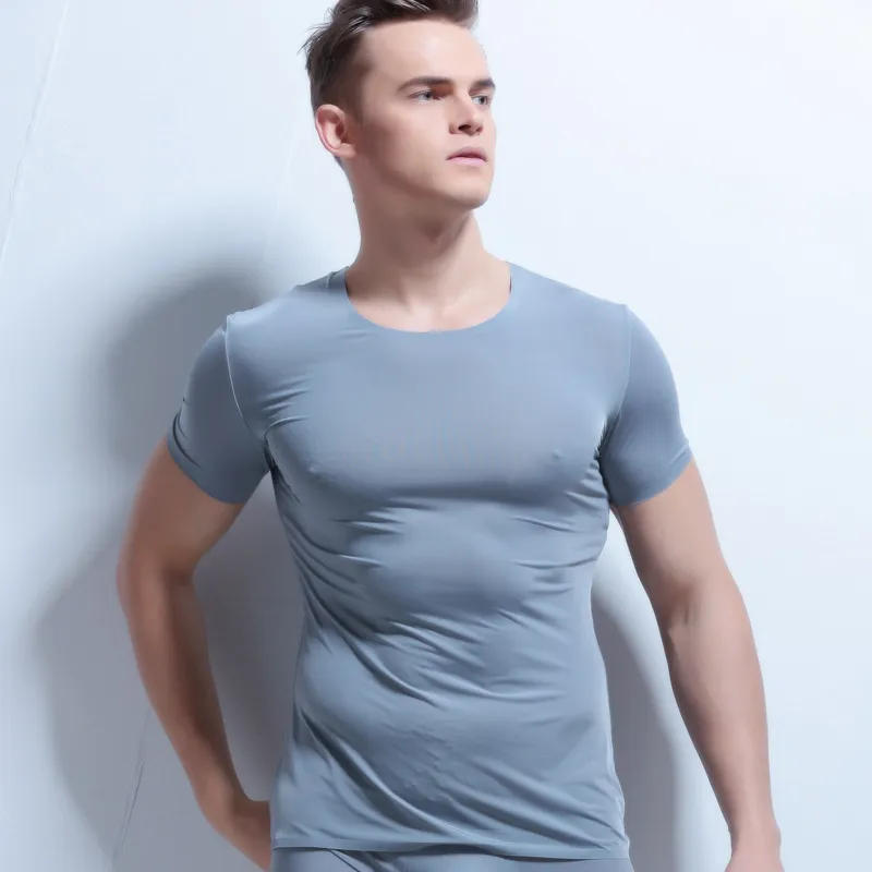 Mannen sexy undershirt ijs zijde afslanken transparante t-shirts mannelijke comfortabele nylon mesh v-hals dunne korte mouwen tops gay ondergoed