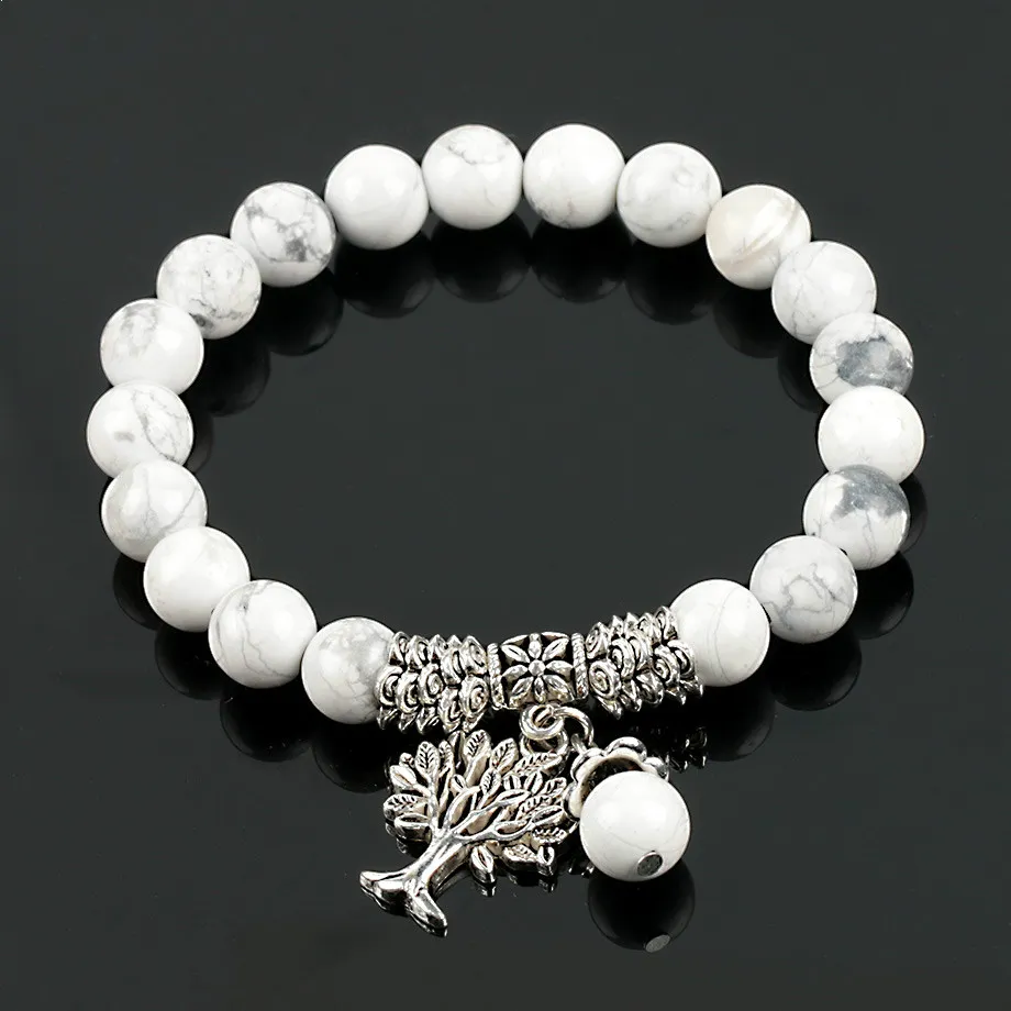 Fashion Round White Howlite Stone Mala Beads Tree of Life Armband för män Tibetansk Yoga Healing Power Energy Armband