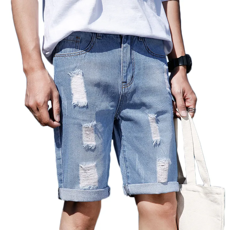 2018 neue Casual Männer Shorts Kleidung Ripped Loch Blau Kurze Jeans Hose Männer Knie Länge Denim Baumwolle Jungen Sommer Jeans shorts Mann