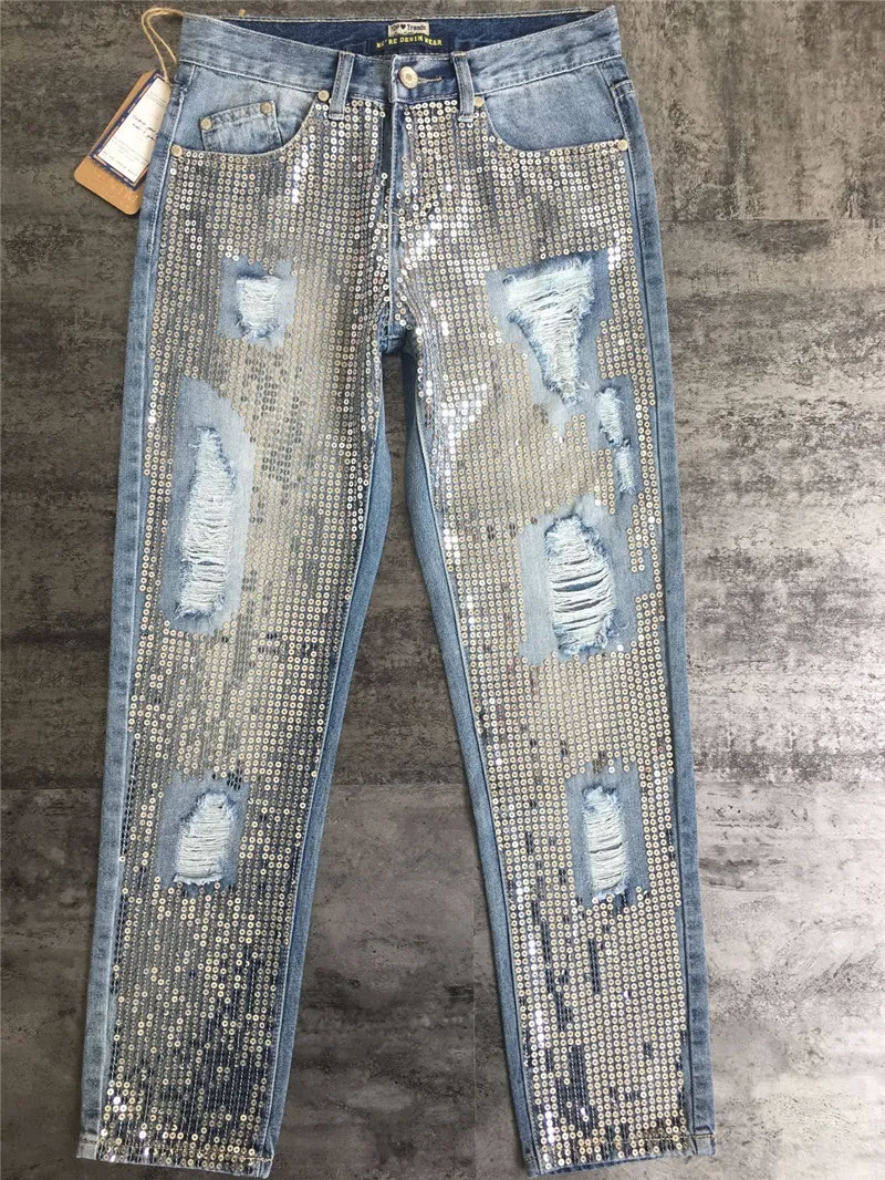 Niñas Moda Lentejuelas Rip Jeans Mujer Diseñador Bling Bling Ripped Recortada Jeans Straight Mid Waist Light Blue XS-2XL SZ