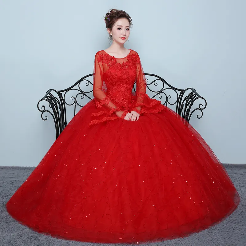 Nouvelle Mode Classique Romantique Robe De Bal Rouge Robe De Mariée 2018 Nouvelle Illusion Dentelle Manches Longues Flare Personnalisé Plus La Taille Robe De Mariée