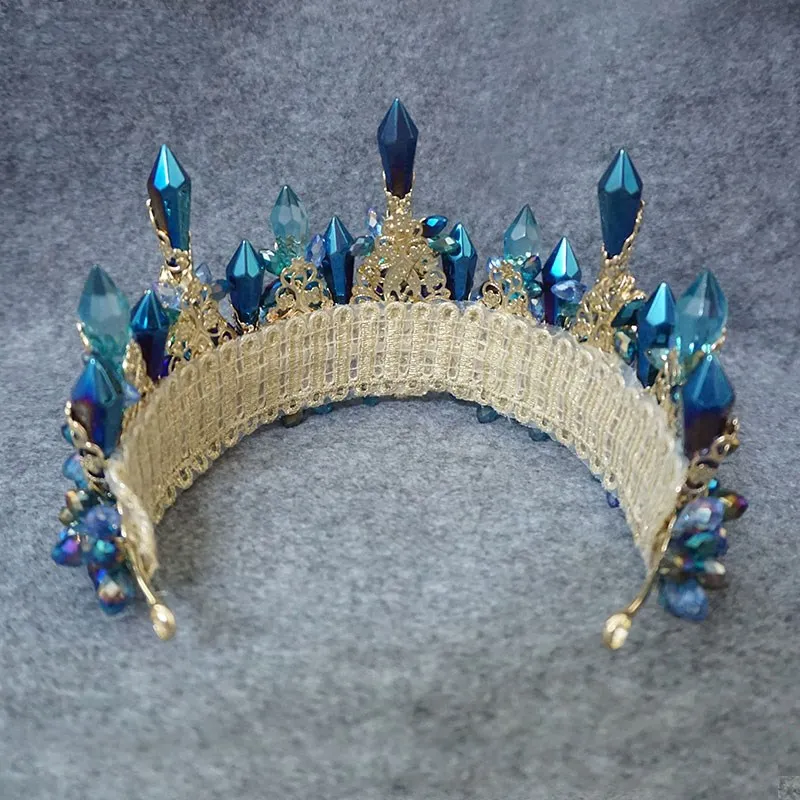 Vintage Bröllop Bridal Barock Blue Rhinestone Crystal Crown Tiara Headband Earring Smycken Set Luxury Headpiece Princess Hårtillbehör