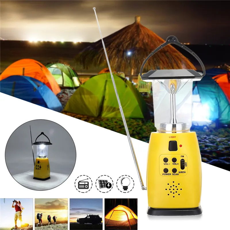 Newest Solar Powered Hand Crank Dynamo Emergency 8 LED Bulbs 2 Modes Outdoor Camping Lantern FM Radio Flashlight AAA Torch