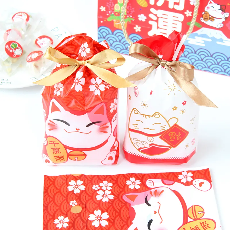 Ano novo estilo japonês Red Fortune Cat Biscoito Cordão Gift Bags Milk Nougat Packaging Pouch