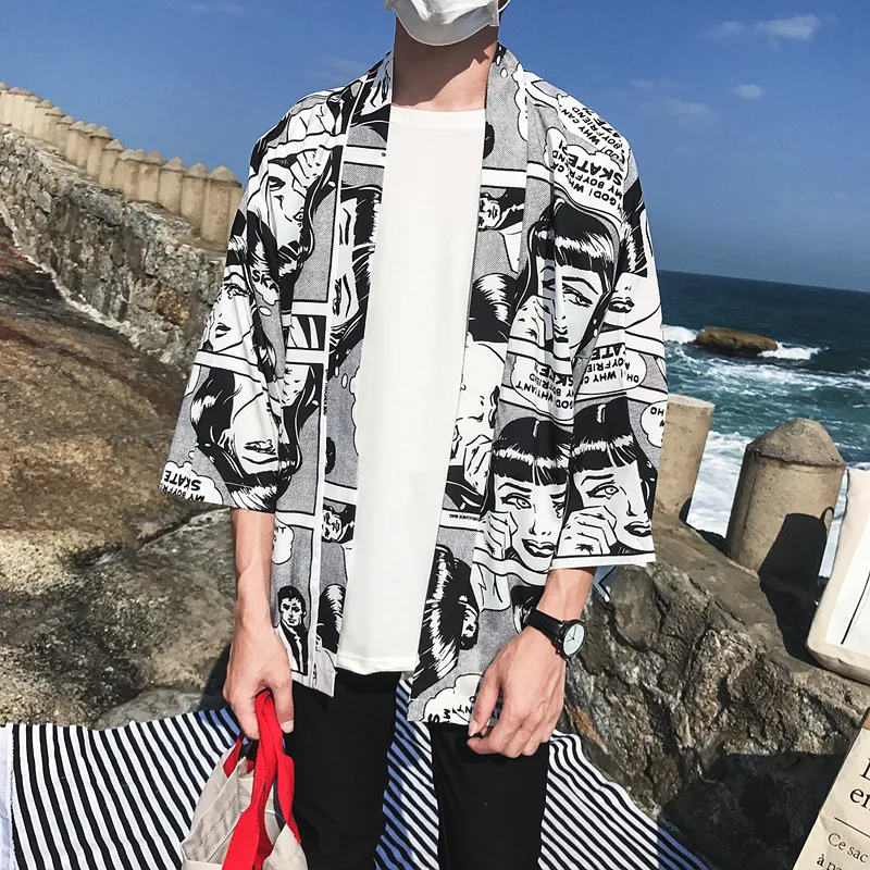 Offene Stich-Kimono-Jacke für Herren, 2018, Sommer, voller Druck, Herrenjacke, Dreiviertel-Ärmel, dünner Stil, Herrenbekleidung