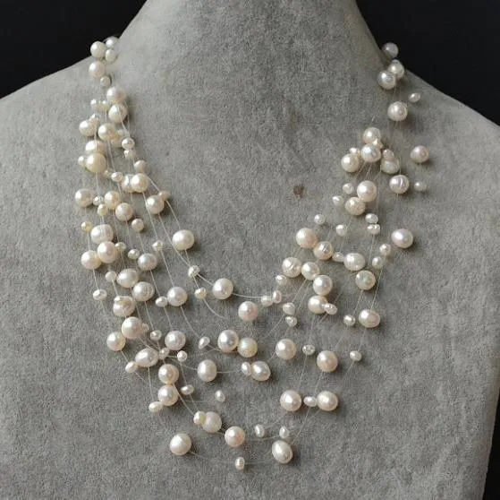 Collana di perle autentiche, collana di perle d'acqua dolce d'illusione di colore bianco, gioielleria multistrand, 9 spighe, nuova spedizione gratuita