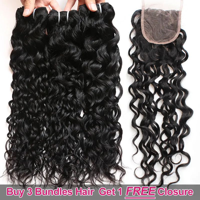 Ishow grote verkoop promotie Koop 3 bundels krijgen een gratis sluiting Braziliaanse Water Wave Peruaanse Menselijk Hair Extensions voor Vrouwen Meisjes Alle leeftijden Natuurlijke Kleur Zwart 8-28inch