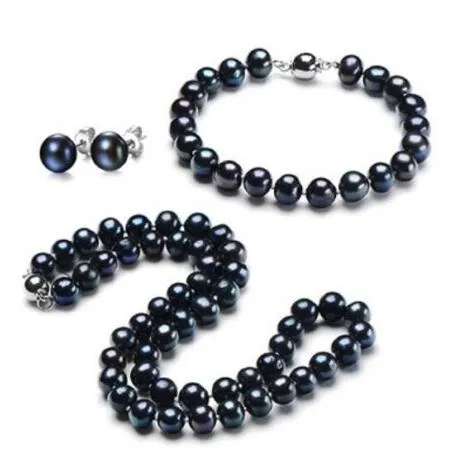 New 10-11mm natural tahitian black pearl necklace bracelet earring set 18"7.5"