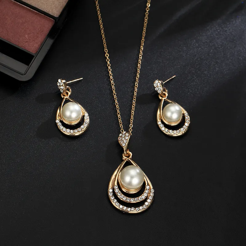 Fashion Gold Color Water Drop Simulated Pearl Crystal Necklace Stud Earrings Jewelry Set for Women Party Wedding Jewellery