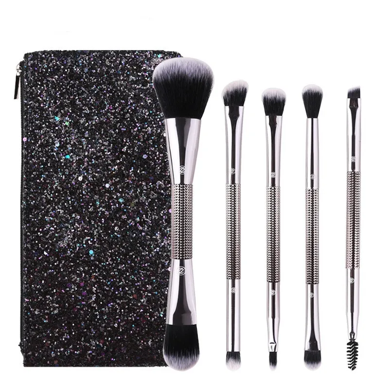 5 pçs / set Dupla Cabeça Pincéis de Maquiagem Definir Bling Diamante Em Pó Foundation Cílios Eyashadow Highlighter Make Up Brush Com Saco de Moda ZIP