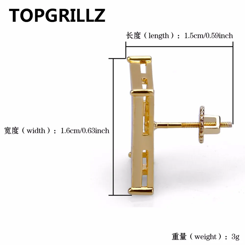 TOPGRILLZ Hip Hop Men's Bling Jewelry Earring Gold Color Iced Out Micro Pave Cubic Zircon Lab D Stud Earrings With Screw Back211V