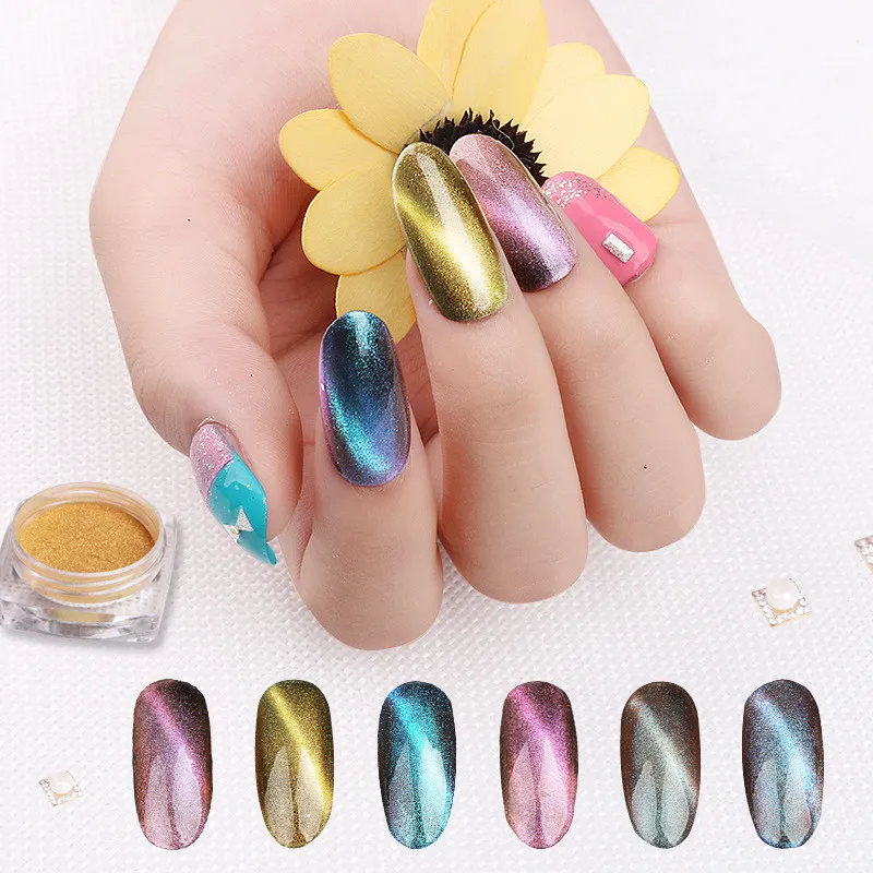 6 couleurs Laser 3D oeil de chat aimant ongles paillettes magique caméléon poudre ongles poudre Pigment manucure Nail Art décorations