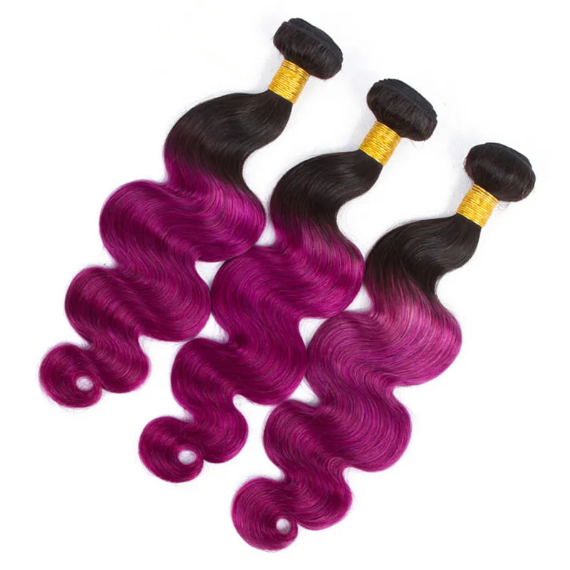 Bundles de tissage de cheveux humains vierges brésiliens # 1B / Purple Ombre avec fermeture Purple Ombre Human Hair 3 offres groupées avec fermeture à lacet 4x4