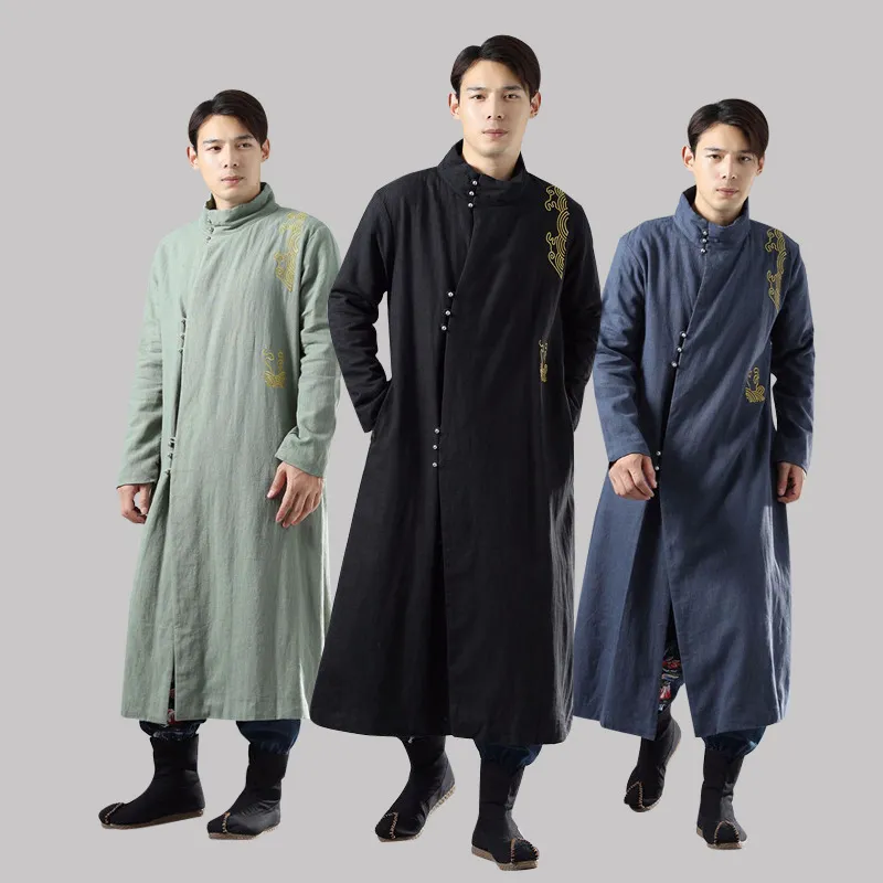 Primavera inverno rami chenille de algodão dos homens Longo fivela prata fivela de ouro bordado Grande lammy De Linho de Algodão longo casaco chinês Trench Coat