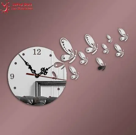 9 Uds reloj de cristal de libélula decorativo 3D DIY reloj de pared pegatina de espejo decoración, reloj de dibujos animados de estilo europeo antiguo sala de estar