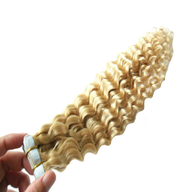 Blonde Tape Hair Extensions Bleach Blonde Skin Weft Tape in Curly Extension Hair 100g 40pcs Human Tape Hair Extensions adhesive