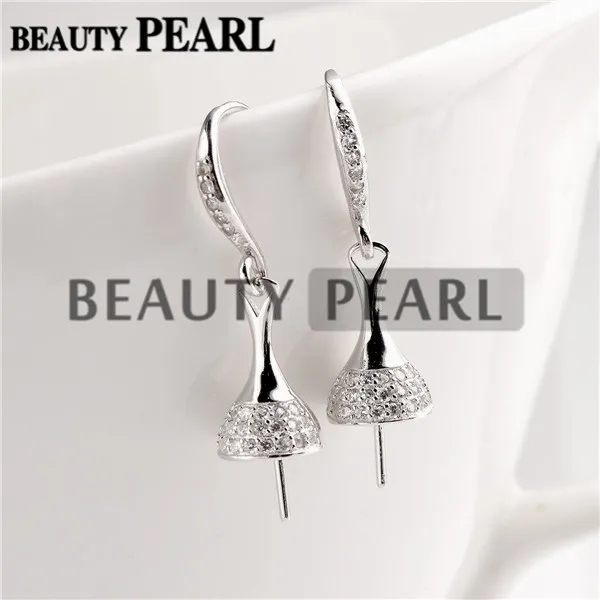 Earrings Setting for Round Pearls and Cabochon 925 Sterling Silver Zircons Hook Earring Findings 