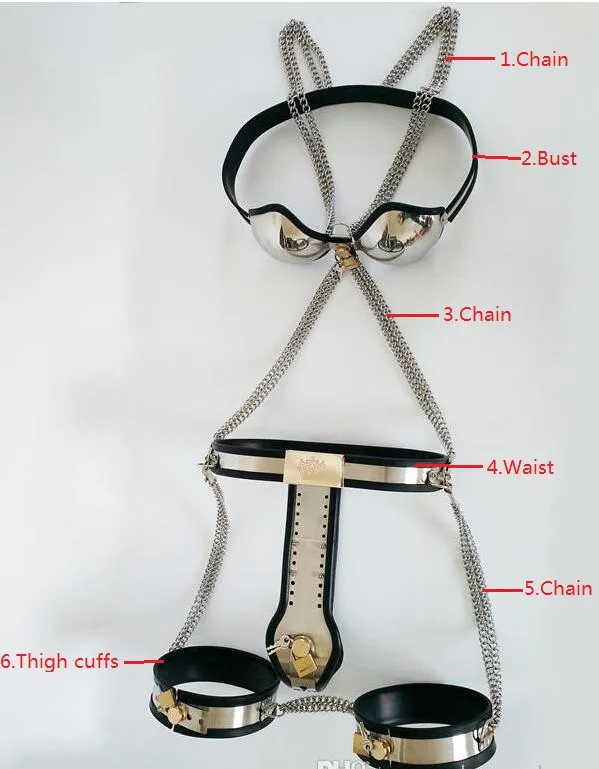 Dispositivi di castità femminile in acciaio inossidabile Set Cintura reggiseno Polsini della coscia Spina vaginale anale Bondage bdsm Giochi di sesso coppie