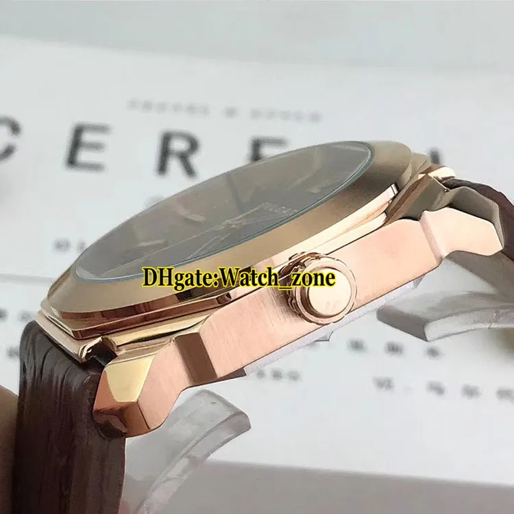 Octo Roma Finissimo 102702 Brown Dial Rose Gold Case Swiss Quartz Mens orologio Data cinturino in pelle Gents di alta qualità Gents Nuovi orologi