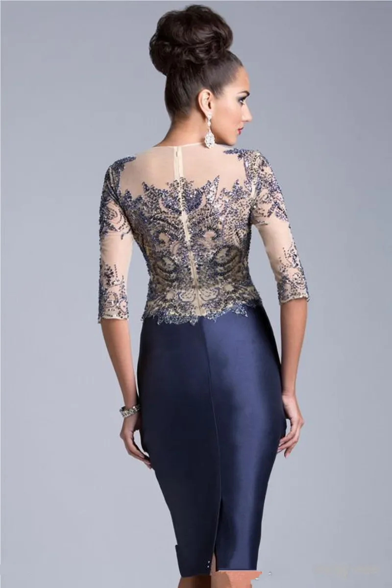 2019 New Mother of the Bride Dresses Jewel Navy Blue Half Sleeves Sheer Crystal Beaded Knee Length Evening Mother Dress vestidos de novia